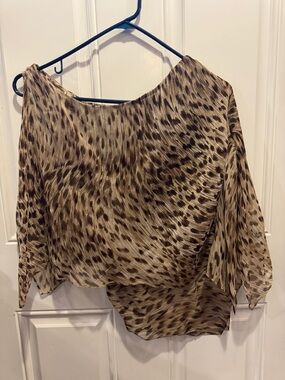 Karina Grimaldi One-Shoulder Animal Print Blouse in Beige and Brown
